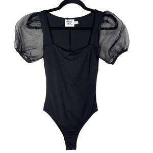 Princess Polly Size 2 Black Puff Sleeve Bodysuit Square Neckline Sheer Stretch